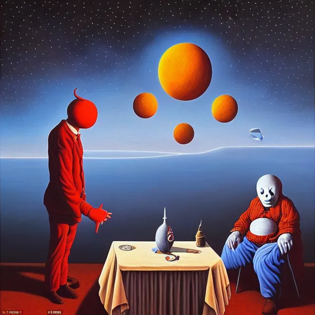 Prompt: an oil on canvas painting of a sad clown sitting by himself next to the devil, surrealism, surrealist, cosmic horror, rob gonsalves, high detail