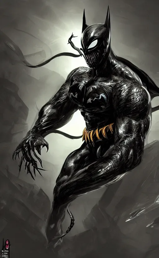 Image similar to venom as batman, dynamic lighting, photorealistic fantasy concept art, trending on art station, stunning visuals, terrifying, creative, cinematic