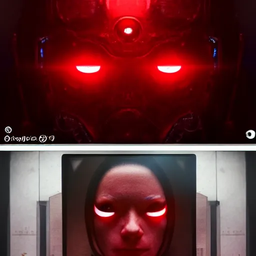 Image similar to a photograph from a big budget sci-fi movie of a cyborg, red glowing eyes, by Sam Spratt, by Vlad Rodrig﻿u﻿e﻿z, computer screens in the background, trending on Artstation, dark, dramatic, cinematic, realistic studio lighting.