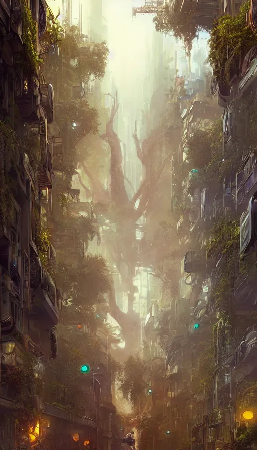 Image similar to hyper realistic cyberpunk city, overtaken by lush plants, gnarly trees by tom bagshaw, mucha, gaston bussiere, craig mullins, j. c. leyendecker 8 k