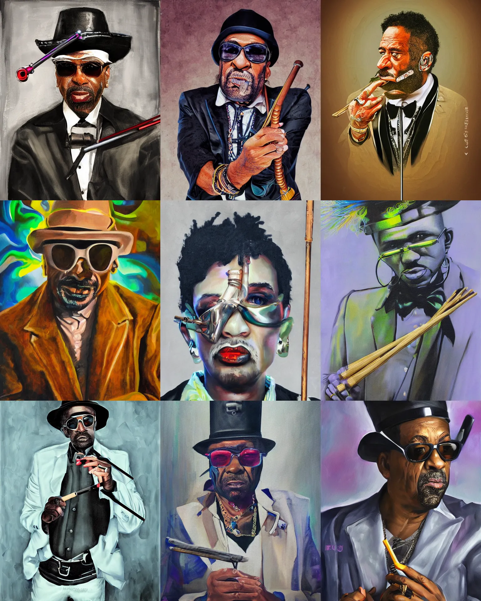 Image similar to artistic painting portrait of futuristic pimp with cane, techno-punk