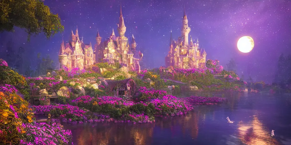 Image similar to a single glittering fairy castle at night, a full moon, water and colourful flowers, extremely detailed oil painting, unreal 5 render, fantasy digital art, octane render, beautiful composition, trending on artstation, award-winning photograph, masterpiece