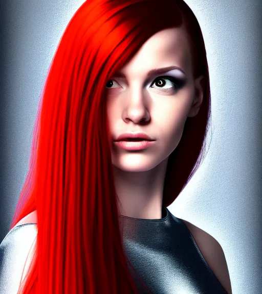 Image similar to realistic detailed profile portrait of a young beautiful cyberpunk woman with long red hair wearing a silver dress by family guy