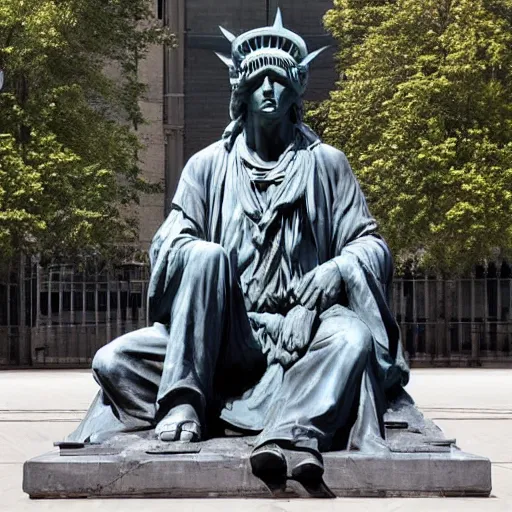 Image similar to liberty statue sitdown pose, real photo, very convincing