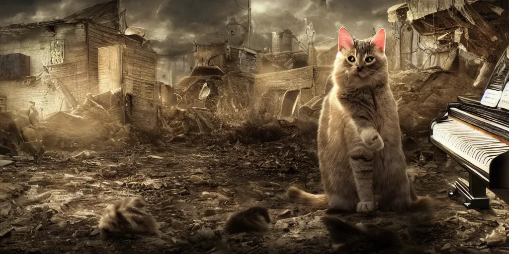 Image similar to cat playing piano in a post apocalyptic world, cinematic and very detailed, 8k hdr