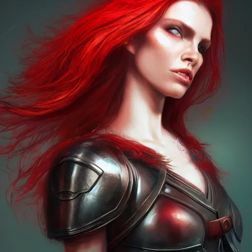 Image similar to head and shoulders, red hair, red eyes, woman, dark leather armor by june jenssen and anna podedworna, artstation