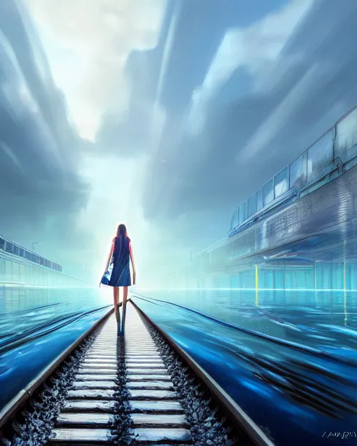 Image similar to photo of girl walking along train tracks that are submerged under a few inches of reflective water toward a station in the distance, wide horizon, large white clouds, intricate, elegant, highly detailed, digital painting, artstation, concept art, smooth, sharp focus, illustration, art by artgerm and greg rutkowski and fra angelico