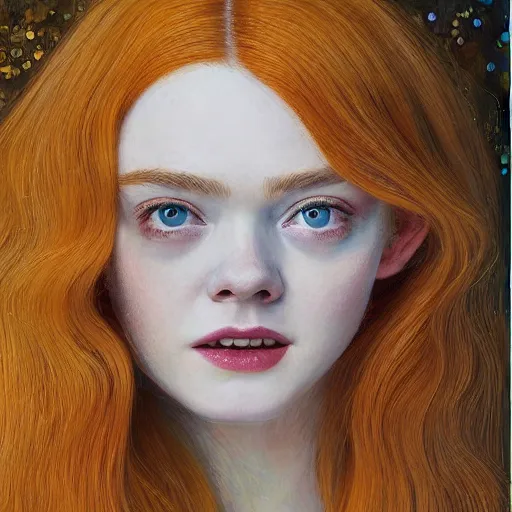 Image similar to Painting of Elle Fanning in orange tornado, long blonde hair, delicate, pale milky white porcelain skin, by Klimt. 8K. Extremely detailed.