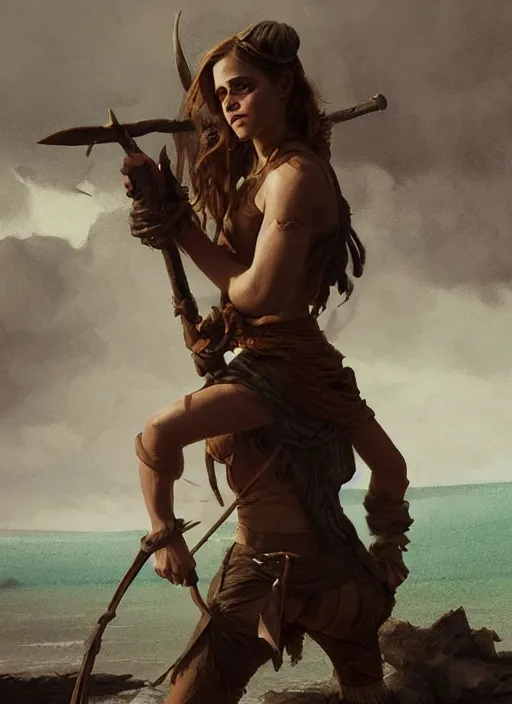 Image similar to hyper realistic photo of prehistoric pirate emma watson, full body, rule of thirds, conceptart, saturated colors, cinematic, greg rutkowski, brom, james gurney, mignola, craig mullins, artstation, cgsociety