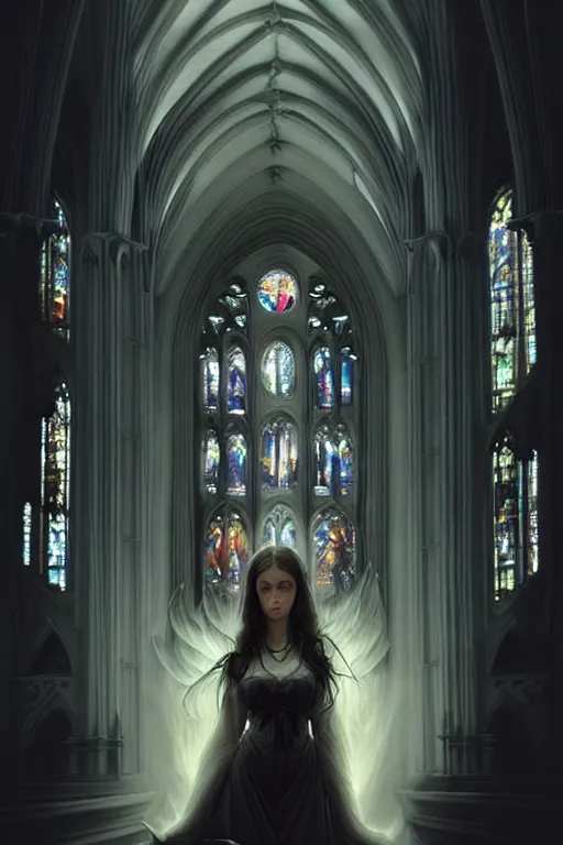 Image similar to an hyperrealistic detailed face portrait of a female fantasy angel, gothic cathedral church, by alex ross / wlop / peter mohrbacher, dramatic lighting, gorgerous, moody, directional lighting, cool beauty, spooky, mystery, cold eyes, volumetric lighting :. 3, trending on pixiv and pinterest