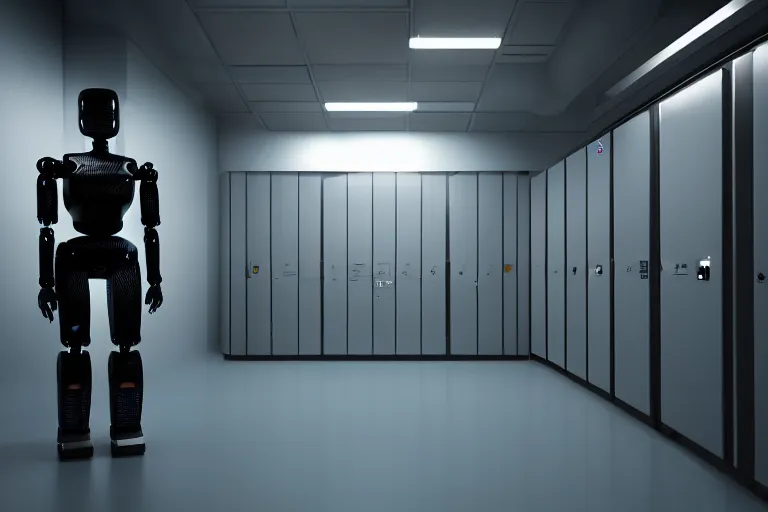 Prompt: humanoid robot in a server room, inception, blade runner, the fifth element, fisheye, volumetric octane render