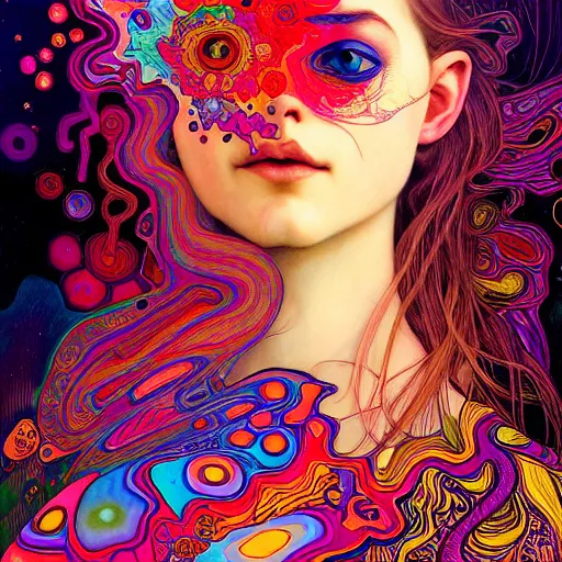 Image similar to A girl having an extremely colorful psychedelic experience, warping time and space, magic mushrooms, psilocybin, LSD, face, detailed, intricate, elegant, highly detailed, digital painting, artstation, concept art, smooth, sharp focus, illustration, art by Krenz Cushart and Artem Demura and alphonse mucha