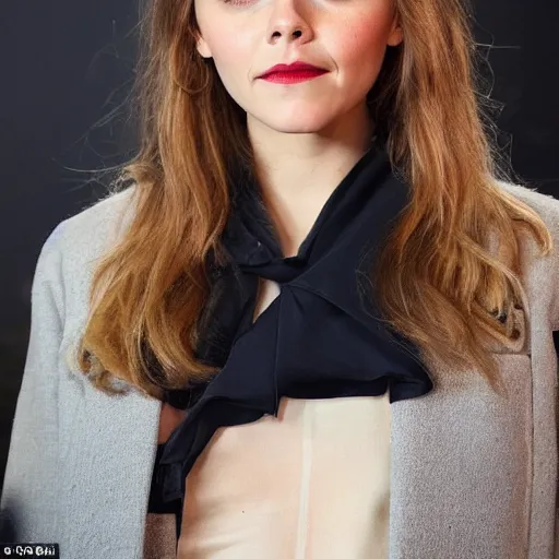 Image similar to a woman who is a genetic combination of elizabeth olsen and emma watson face and upper - body focus