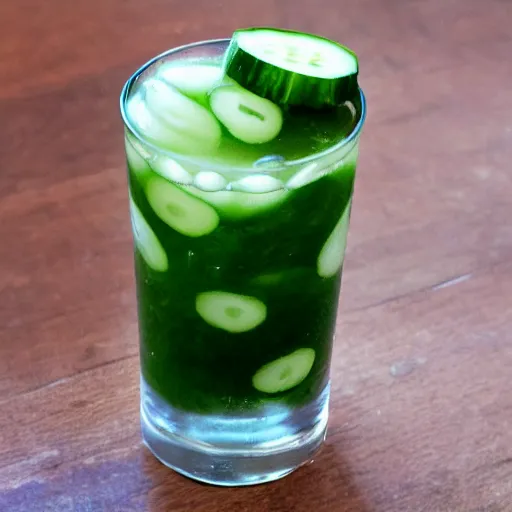 Prompt: a cucumber drink on a table, water beads