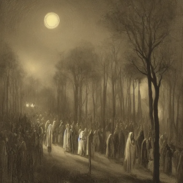 Image similar to A Holy Week procession of souls in a lush Spanish landscape at night. A figure at the front holds a cross. Carl Gustav Carus.