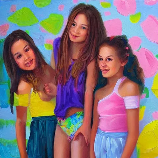 Image similar to “springbreak party, 3 young girls, hyper realistic oil painting”