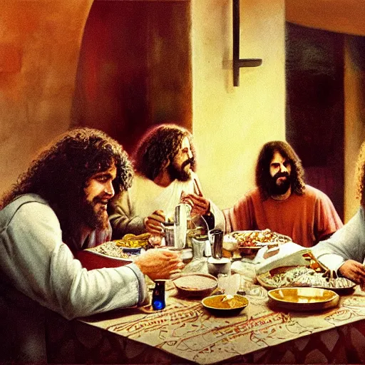 Image similar to Pat Metheny having dinner with Jesus Christ at a Mexican restaurant, highly detailed, high resolution, HD, cinematic