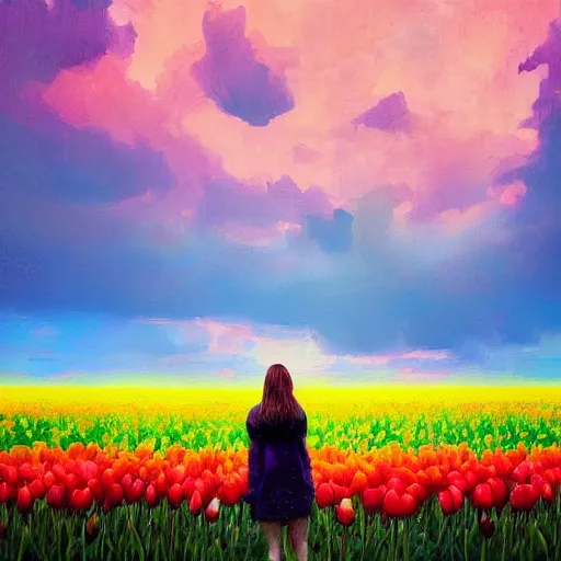 Image similar to large tulip as a head, girl standing in a flower field, surreal photography, sunrise dramatic light, impressionist painting, colorful clouds, digital painting, artstation, simon stalenhag