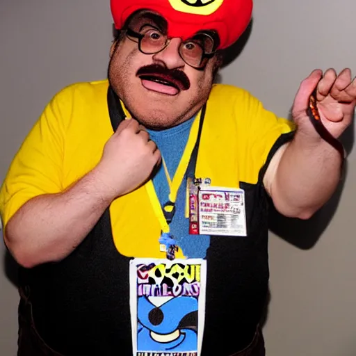 Prompt: Full-Cosplay Wario, played by Danny Devito, 2011 Comic-Con, blog-photo