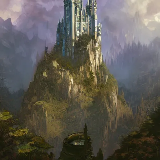 Prompt: light oil painting of tolkien inspired high castle with wizard towers and walls, elegant architecture on top of a green forest, artstation art by greg rutkowski and alphonse mucha