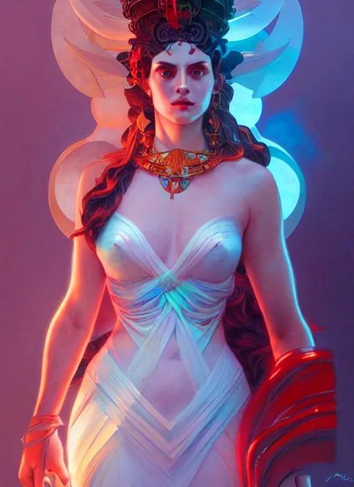 Prompt: the goddess hera looking angry, paper dress, volumetric lights, red and cyan theme, futuristic, intricate, highly detailed, digital painting, artstation, concept art, smooth, sharp focus, symmetric face, illustration, art by artgerm and greg rutkowski and alphonse mucha