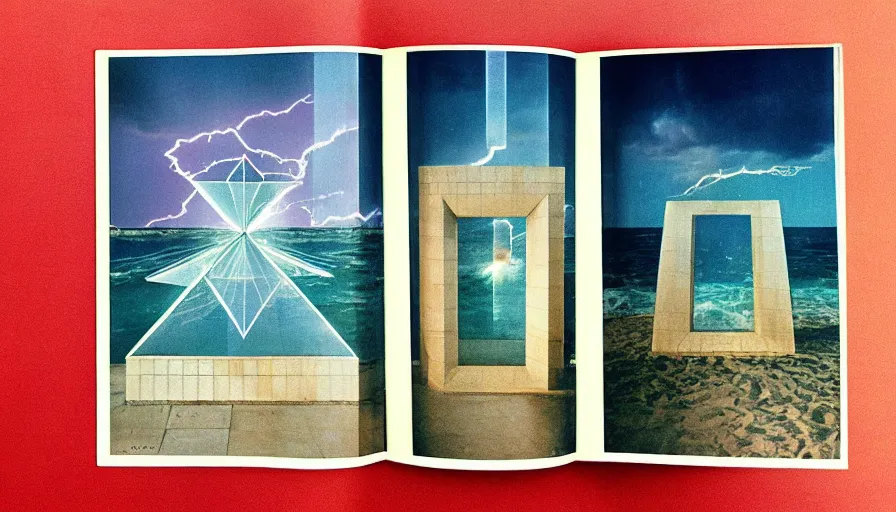 Image similar to A 1985 vintage magazine architecture photo of a, mediterranean architecture, refracted lines and sparkles, thunderstorm outside, beach on the background major arcana sky and occult symbols, hyperrealistic, award-winning, 1985