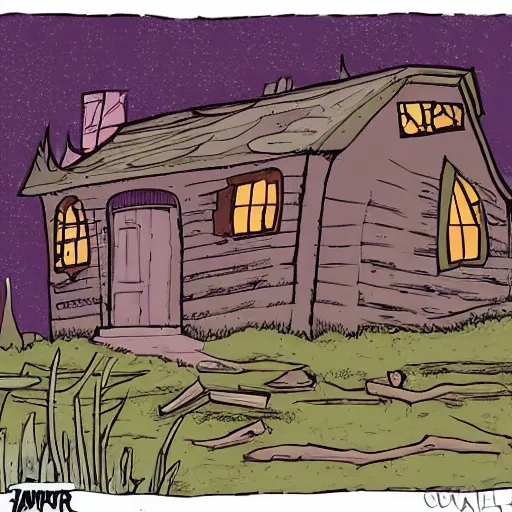 Image similar to a illustration of a Eerie cabin in the middle of the woods in the style of Stan lee comic book