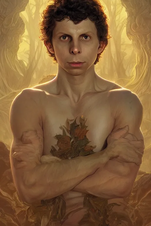 Prompt: portrait of michael cera as a hulking herculean demon, forest, godlike, full body, fantasy, intricate, elegant, highly detailed, digital painting, artstation, concept art, sharp focus, illustration, art by artgerm and greg rutkowski and alphonse mucha