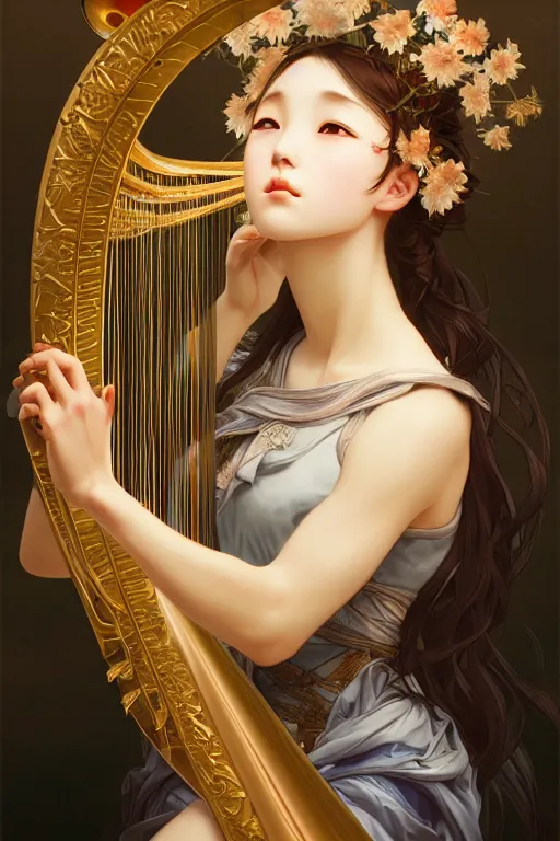 Prompt: portrait anime girl playing harp by tian zi and wlop and alphonse mucha, full body portrait, intricate, face, elegant, beautiful, highly detailed, dramatic lighting, sharp focus, artstation, frostbite engine