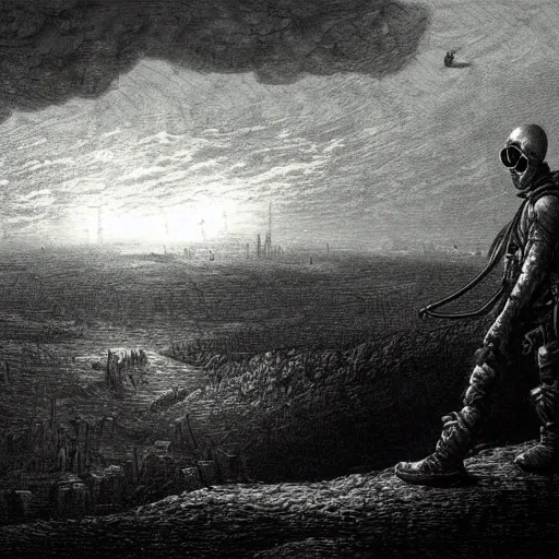 Image similar to apocalyptic landscape, soldier in gasmask, dark clouds, fire, dark, night, eerie, dystopian, city, end times, illustration by Gustave Doré