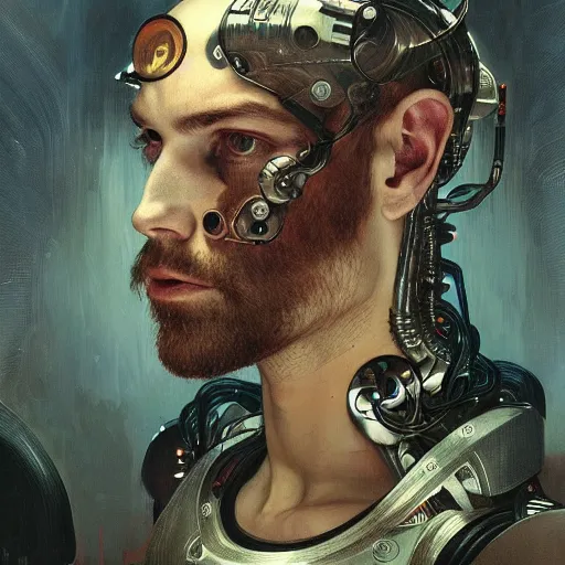 Prompt: portrait of bearded android, coy, circuitry visible in head, in the style of ex machina, karol bak, alphonse mucha, greg rutkowski, award winning, hr giger, artstation