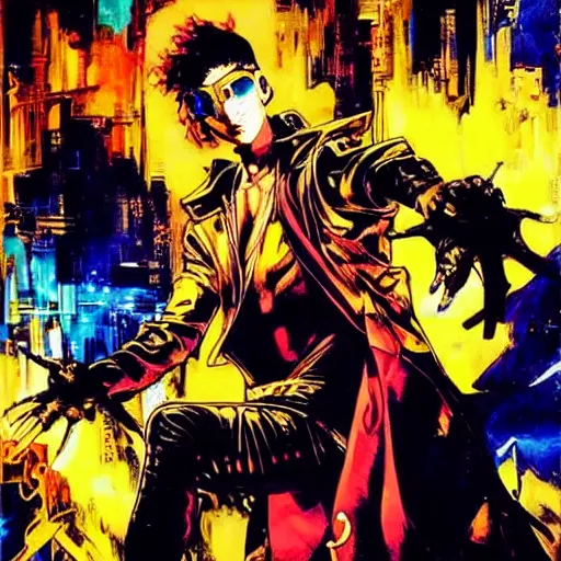 Image similar to portrait of the hacker cyberpunk magician in a dramatic jojo pose tarot card, golden blue outfit, oil on canvas by yoji shinkawa and esao andrews and ryuichi sakamoto