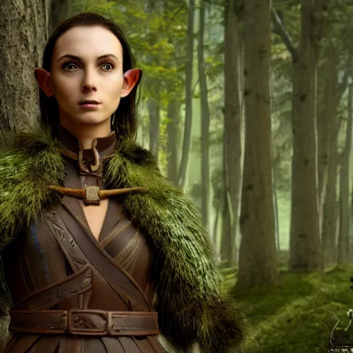 Prompt: anya charlota as a medieval fantasy wood elf, dark brown hair tucked behind ears, wearing a green tunic with a fur lined collar and brown leather armor, stocky, muscular build, scar across nose, one black, scaled arm, cinematic, character art, digital art, forest background, realistic. 4 k