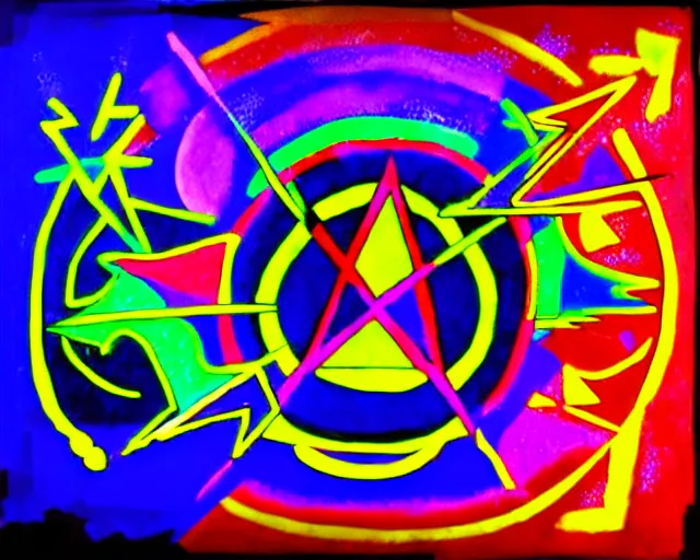 Prompt: Layered colorful magic spells in guernica style. Neon geometric inks artwork. Elemental envelopment of the arcane master mage's ritual