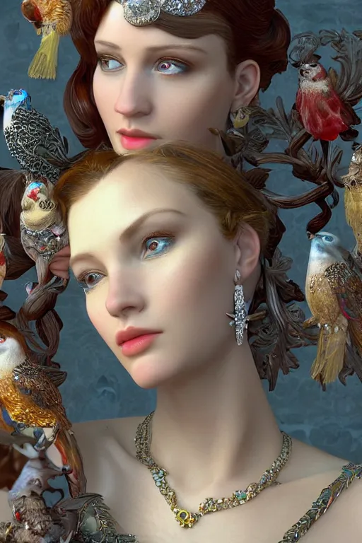 Image similar to face closeup, 3 d render of english princess holding birds, ornaments, jewels, diamonds, mucha vibe, dieselpunk, solarpunk, artstation