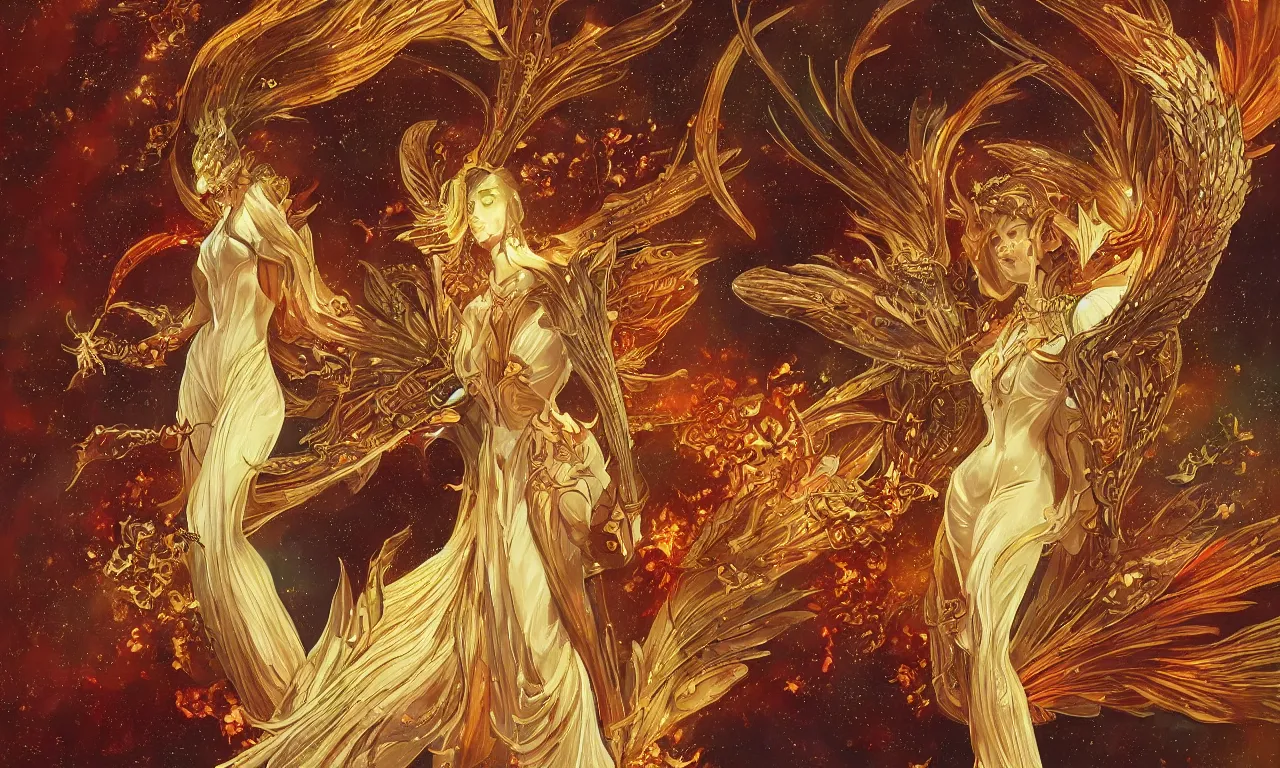 Prompt: phoenix bahamut with dresses of fireflies and flameches, flames intricate stainglass background, elegant, thin intricate stars and cosmos art nouveau frame, highly detailed, digital painting, artstation, concept art, matte, sharp focus, oil painting, art by Artgerm and Rembrandt and Alphonse Mucha