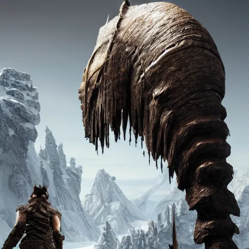 Prompt: hyperrealistic mixed media image of mammoth tusk and mammoth hide armor from skyrim, stunning 3 d render inspired art by greg rutkowski and xiang duan and thomas eakes, perfect facial symmetry, flesh texture, realistic, highly detailed attributes and atmosphere, dim volumetric cinematic lighting, 8 k octane detailed render, post - processing, masterpiece,