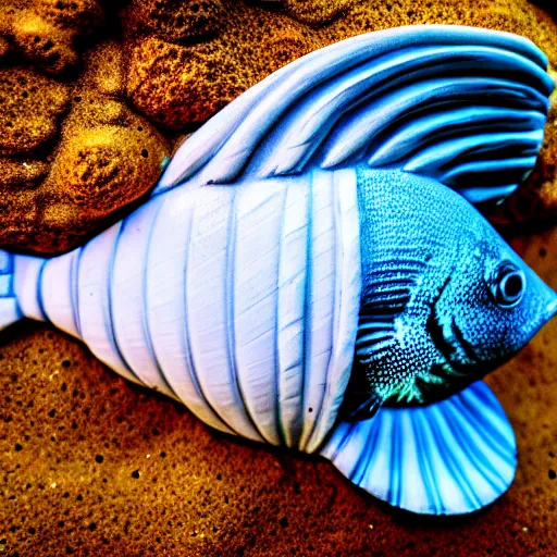 Image similar to a seashell sculpture of a fish, photorealistic, macro lens, 4K