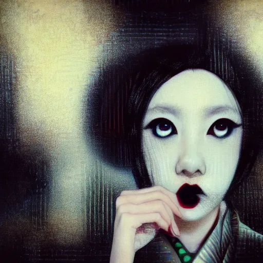 Image similar to yoshitaka amano blurred and dreamy realistic three quarter angle portrait of a young woman with black lipstick and black eyes wearing dress suit with tie, junji ito abstract patterns in the background, satoshi kon anime, noisy film grain effect, highly detailed, renaissance oil painting, weird portrait angle, blurred lost edges