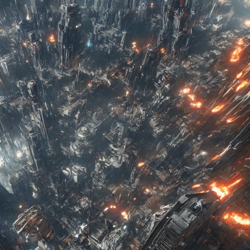 Prompt: [six giant futuristic scifi-bombers], hypermaximalistic, high details, cinematic, 8k resolution, beautiful detailed, insanely intricate details, artstation trending, octane render, unreal engine, [a baroque cyberpunk city in the background], [explosions and fire]