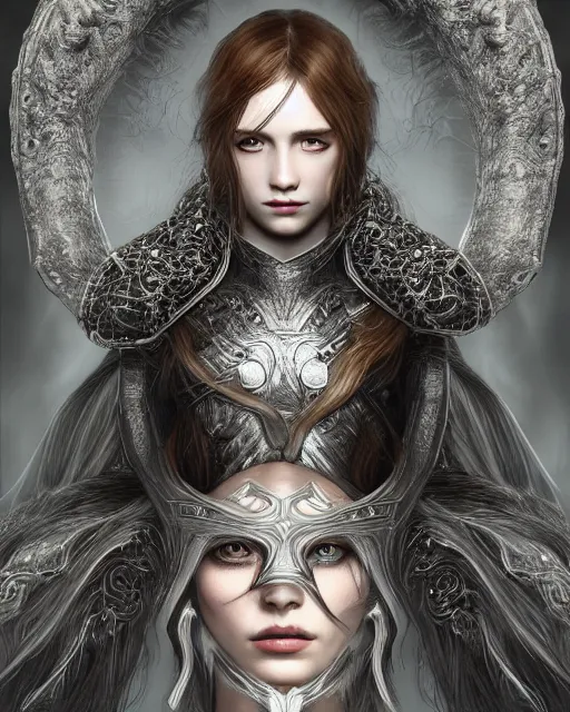 Image similar to highly detailed sharp photorealistic portrait of a beautiful female hunter with shimmering hair, symmetrical face and eyes, dressed in intricate silver, cgsociety, Elden Ring, Dark Souls, Bloodborne