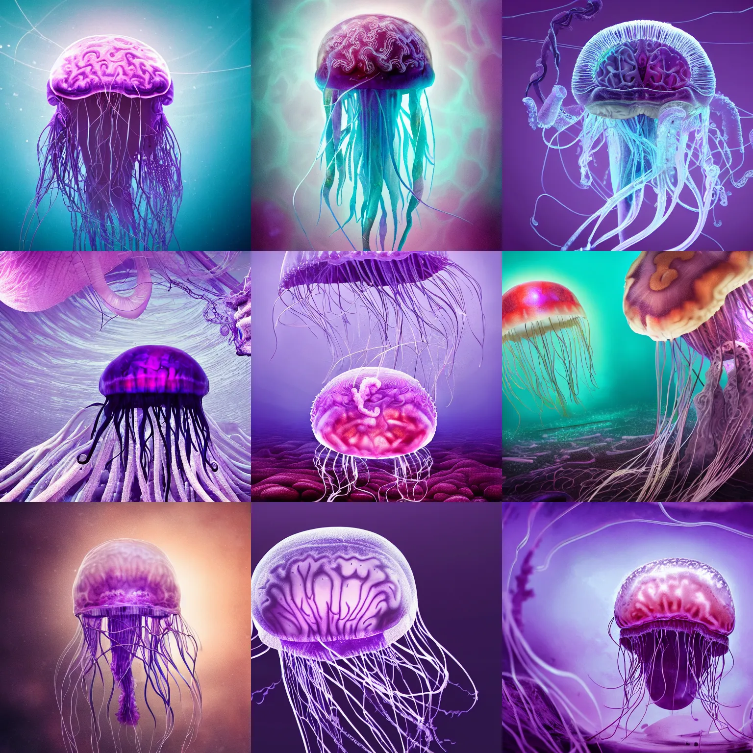 Prompt: jellyfish with an anatomical human brain, brain visible, beautiful, epic, cinematic, wide shot angle, hyper realistic, detailed, rendered in octane, digital art, underwater, luminescent, purple hue, tendrils, seaweed, horror, masterpiece