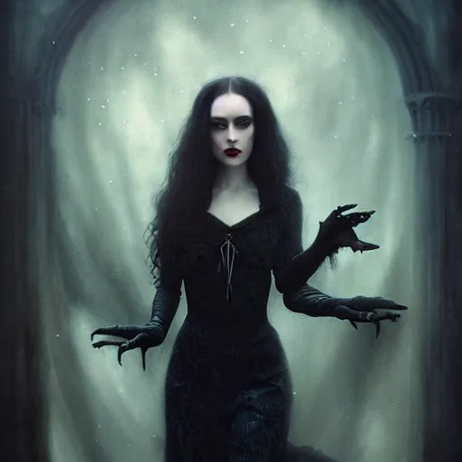 Prompt: Portrait of a riveting Scottish vampire woman!, atmospheric lighting, gothic makeup, intricate, Transylvanian castle, volumetric lighting, beautiful, starlit sky, sharp focus, ultra-detailed, by Tom Bagshaw Leesha Hannigan, Ross Tran, Thierry Doizon, Kai Carpenter, Ignacio Fernández Ríos