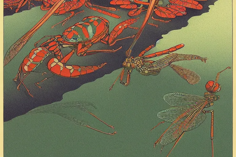 Image similar to gigantic mechanical dragonfly head human faces catch tiny frogs, a lot of exotic flowers around, human tears everywhere, risograph by kawase hasui, dirtyrobot, edward hopper, satoshi kon and moebius, colorful flat surreal design, super - detailed, a lot of tiny details, fullshot, grainy