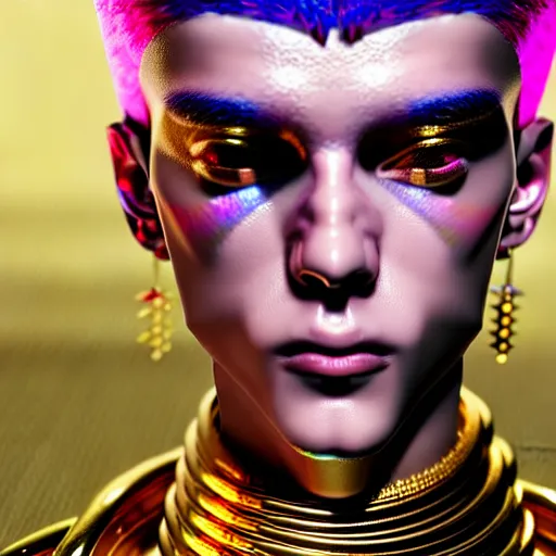 Image similar to hyperdetailed close portrait of a stunningly beautiful cyberpunk boy androgynous wizard made of iridescent metals and shiny pink gems, bright rainbow nimbus, gold necklace, gold background inspired by ross tran and masamune shirow and kuvshinov, concept art, intricate, photorealistic, octane render, rtx, hdr, unreal engine, dnd digital art by artgerm