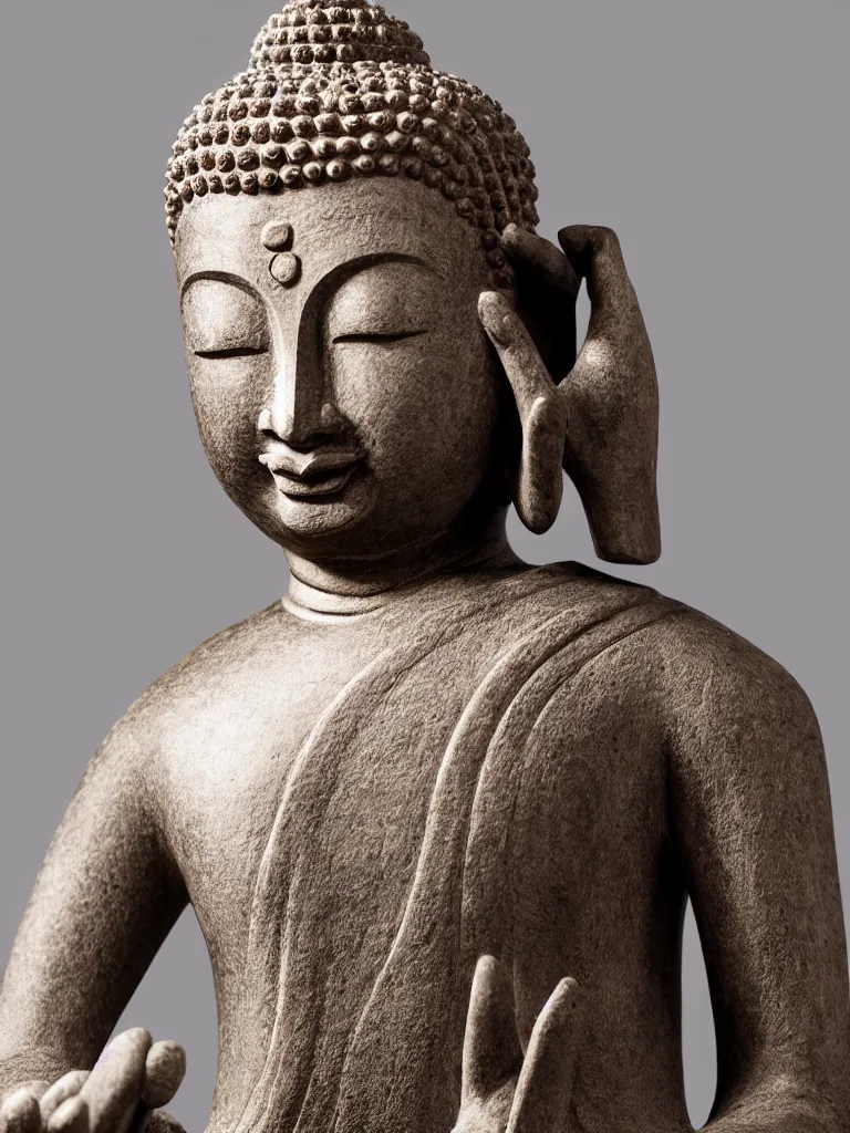 Prompt: beautiful sculpture of meditating buddha holding a smartphone, in a gallery setting. professional studio photo, full object in middle, soft lighting, centered, 1 5 0 mm lens, high definition