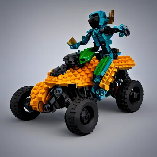 Image similar to 3 d wave runner atv in the style of lego bionicle and gunpla model, 3 d toy, octane render, vehicle, hoverbike, spacecraft, audi design style, 2 0 4 4, solarpunk, cyberpunk, clean aesthetic,