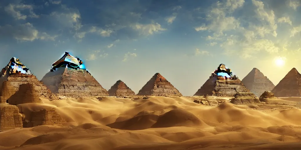 Prompt: a stunning egyptian landscape with pyramids by makoto shinkai