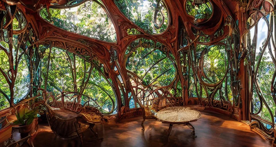 Image similar to An incredibly beautiful scene from a 2022 Marvel film featuring a cozy art nouveau reading nook balcony in a fantasy treehouse interior. 8K UHD.