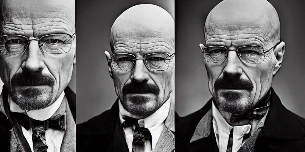 Image similar to walter white wearing clothes in the style of directoire style, photograph, grinning, creepy,